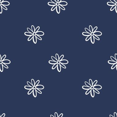 Repeat flower Pattern. Navy Blue background. White Daisies. Seamless floral simple pattern. Stylish repeating flower texture.