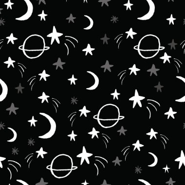 Galaksi, gezegen ve çocuklar için kusursuz bir el çizimi. Siyah ve beyaz.