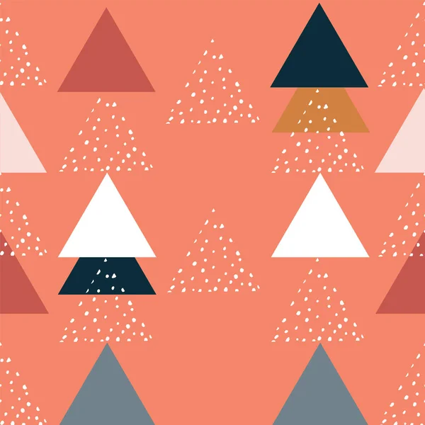 Moderne élégant fond géométrique abstrait avec des triangles colorés dans un style branché. Texture répétée de points en blanc, noir et gris sur le fond orange. Modèle sans couture vectoriel . — Image vectorielle