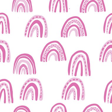 Pembe Gökkuşağı İskandinav Tarzı Tekrarlama Modeli. Elle çizilmiş gökkuşağı karalamaları ve noktalarıyla çocuksu, pürüzsüz bir şekil. Moda çocuk vektör geçmişi.