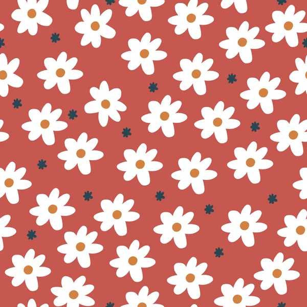 Repita el patrón de margarita con fondo rojo anaranjado. Patrón floral sin costuras. White Daisy. Textura repetitiva con estilo. Textura repetida . — Vector de stock