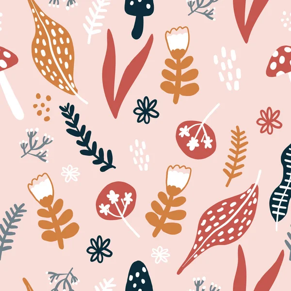 Ripetere Forest Wildflower Pattern con sfondo rosa chiaro. Motivo floreale senza cuciture. Elegante texture ripetitiva. Ripetizione della texture . — Vettoriale Stock