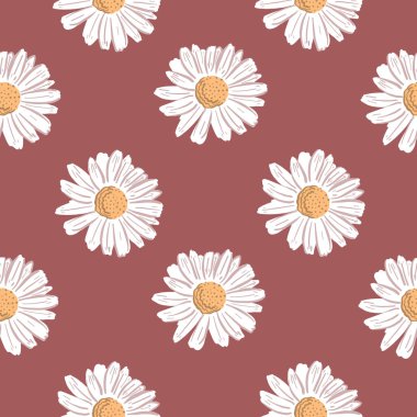 Kırmızı arka planlı Daisy Flower Desenini tekrarla. Kusursuz çiçek deseni. Tekrarlayan dokuyu biçimlendir. 