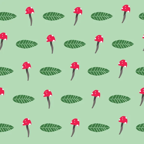Vector Seamless Repeat Pattern Red Mushroom and Green Leaf Nature Pattern — Stockový vektor
