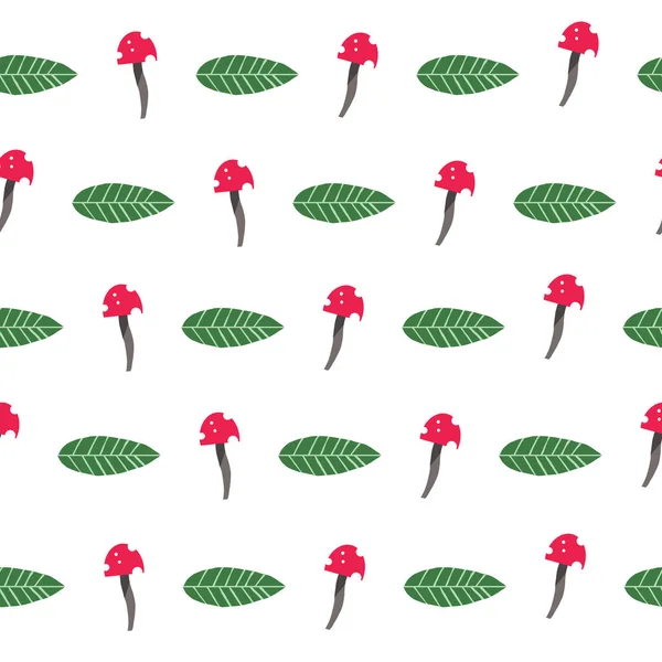Vector Seamless Repeat Pattern Red Mushroom and Green Leaf Nature Pattern — Stockový vektor