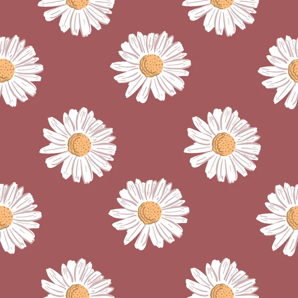 Kırmızı arka planlı Daisy Flower Desenini tekrarla. Kusursuz çiçek deseni. Tekrarlayan dokuyu biçimlendir. 