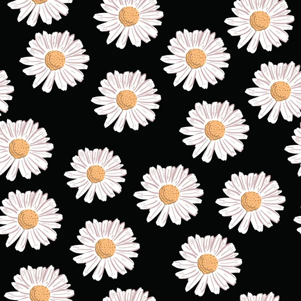 Repita el patrón de flores de Margarita con fondo negro. Patrón floral sin costuras. Textura repetitiva con estilo . — Vector de stock