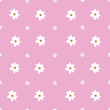 Açık pembe arka planlı Şirin Papatya Vahşi Çiçeği deseni. Kusursuz çiçek deseni. Beyaz Daisy. Tekerrür eden bir doku. Doku yineleniyor. 