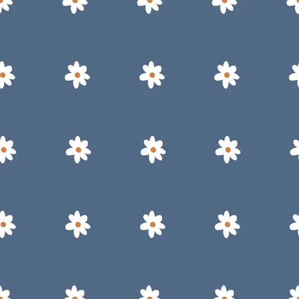 Carino Ripetere Daisy Wildflower Pattern con sfondo blu. Motivo floreale senza cuciture. Margherita Bianca. Elegante texture ripetitiva. Ripetizione della texture. — Vettoriale Stock