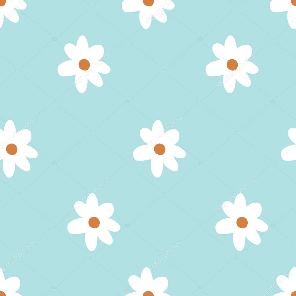 Cute Repeat Daisy Wildflower Pattern with blue background. Seamless floral pattern. White Daisy. Stylish repeating texture. Repeating texture. 