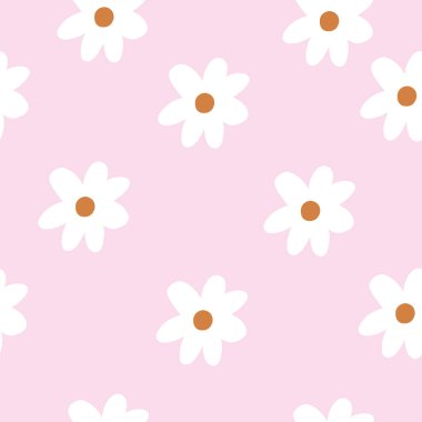 Açık pembe arka planlı Şirin Papatya Vahşi Çiçeği deseni. Kusursuz çiçek deseni. Beyaz Daisy. Tekerrür eden bir doku. Doku yineleniyor. 