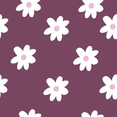 Şirin Papatya Yaban Çiçeği deseni ve mor arka planı. Kusursuz çiçek deseni. Beyaz Daisy. Tekerrür eden bir doku. Doku yineleniyor. 