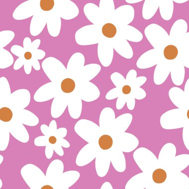 Açık pembe arka planlı Şirin Papatya Vahşi Çiçeği deseni. Kusursuz çiçek deseni. Beyaz Daisy. Tekerrür eden bir doku. Doku yineleniyor. 