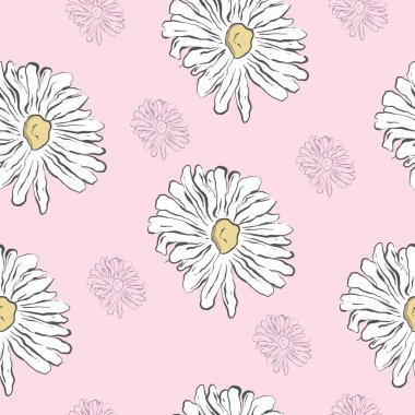 Repeat Daisy Wildflower Pattern with light pink background. Seamless floral pattern. blue Daisy. Stylish repeating texture. Repeating texture. 