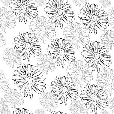 Şirin Papatya Yaban Çiçeği desenli arka plan. Kusursuz çiçek deseni. Beyaz Daisy. Tekerrür eden bir doku. Doku tekerrür ediyor. Siyah ve Beyaz.