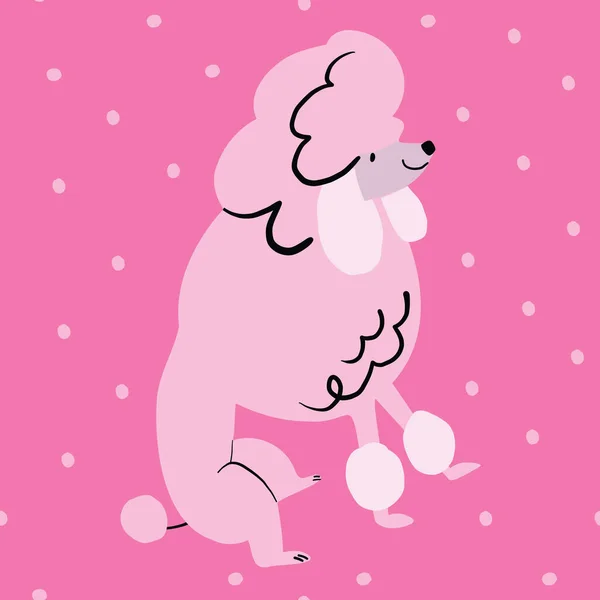 Pies bez szwu. Różowy pudel na różowym tle z kropkami polki. — Wektor stockowy