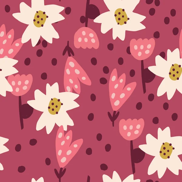 Açık pembe arka planlı Şirin Papatya Vahşi Çiçeği deseni. Kusursuz çiçek deseni. Beyaz Daisy. Tekerrür eden bir doku. Doku yineleniyor. 