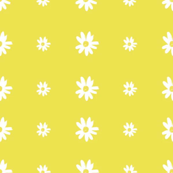 Lindo patrón de flores silvestres repetidas Margarita con fondo amarillo claro. Patrón floral sin costuras. White Daisy. Textura repetitiva con estilo. Textura repetida . — Vector de stock