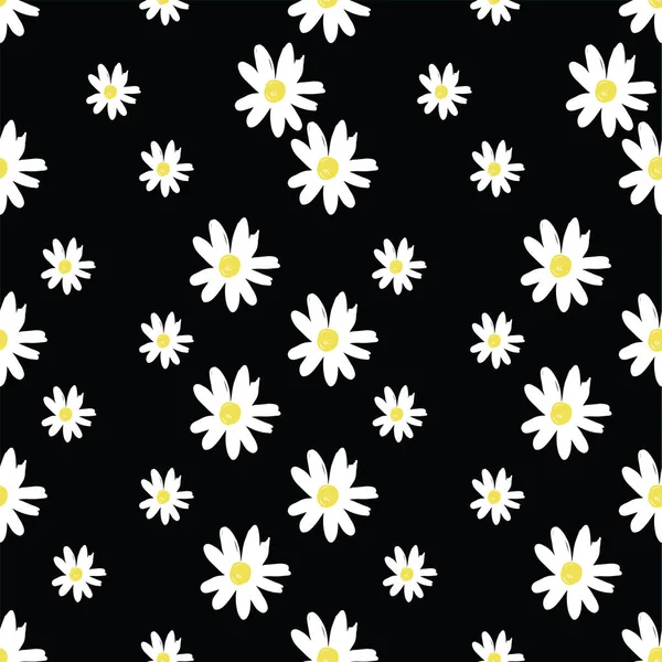 Repita el patrón de flores de Margarita con fondo negro. Patrón floral sin costuras. Textura repetitiva con estilo . — Vector de stock