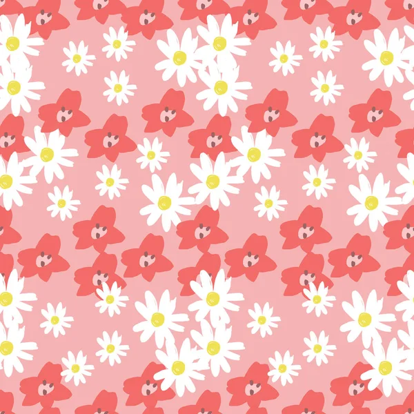 Repita el patrón de flores de Margarita con fondo rosa. Patrón floral sin costuras. Textura repetitiva con estilo. — Vector de stock