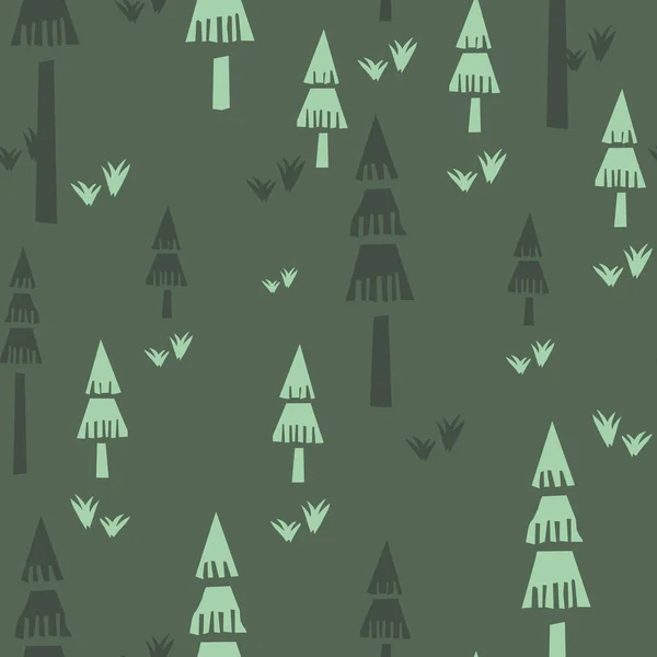 Inconsútil linograbado árboles forestales verdes patrón de vectores al aire libre . — Vector de stock