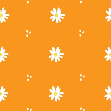 Turuncu arka planı olan Papatya kır çiçeği desenini tekrarla. Kusursuz vektör çiçek deseni. Tekrarlayan dokuyu biçimlendir. 