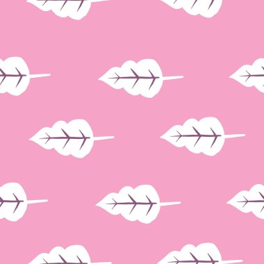 Açık pembe arka planlı şirin İskandinav halk yaprağı deseni. Kusursuz çiçek deseni. Beyaz yapraklar. Tekerrür eden bir doku. Doku yineleniyor. 