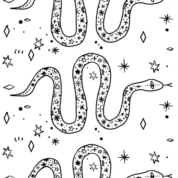 Pink trendy line art moon snake. Cosmic seamless vector repeat pattern. — Stockvector