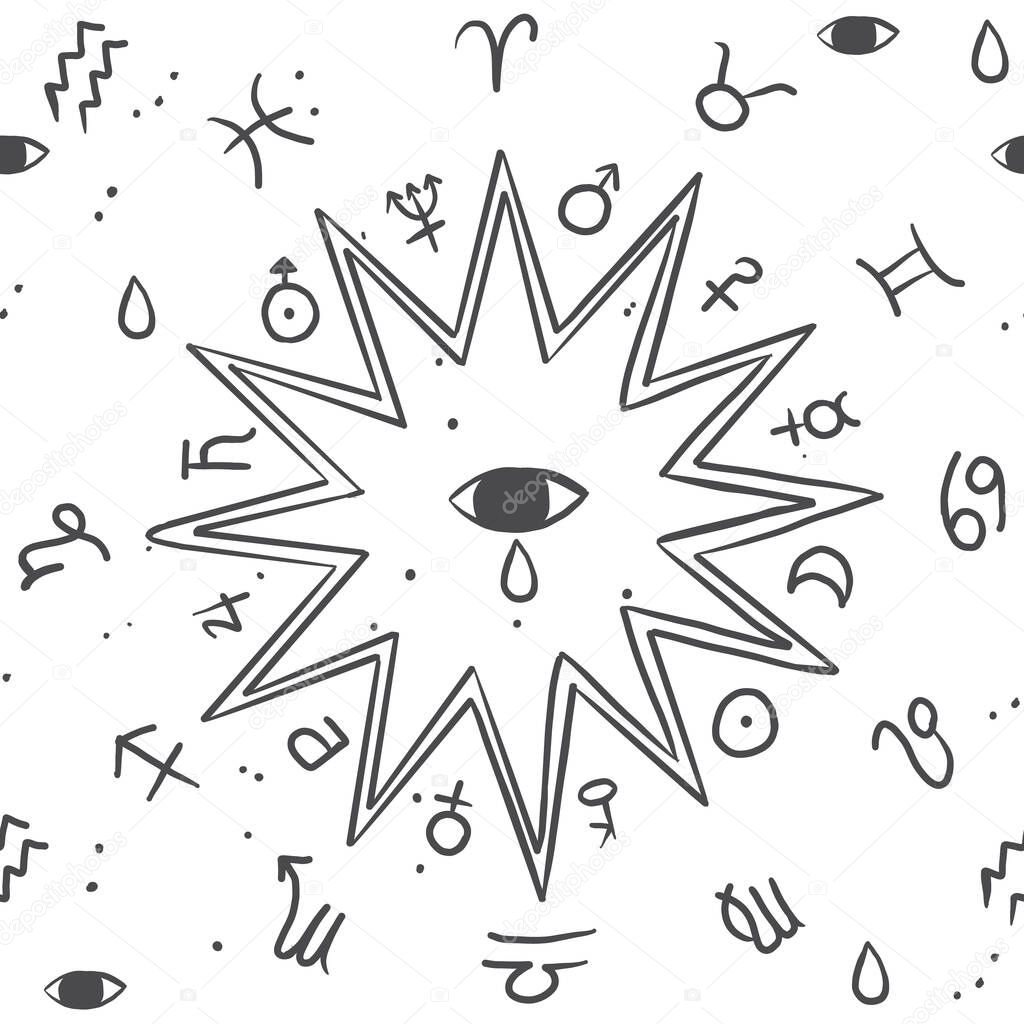 Gray and white trendy psychedelic line art zodiac signs with all seeing eye pattern. Cosmic seamless vector repeat pattern.