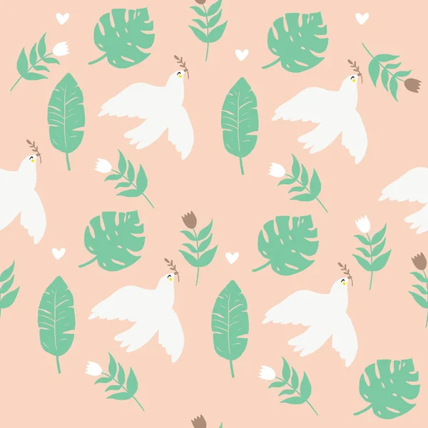 Modèle de colombe rose clair sans couture avec des feuilles tropicales. Modèle simple vecteur sans couture. — Image vectorielle