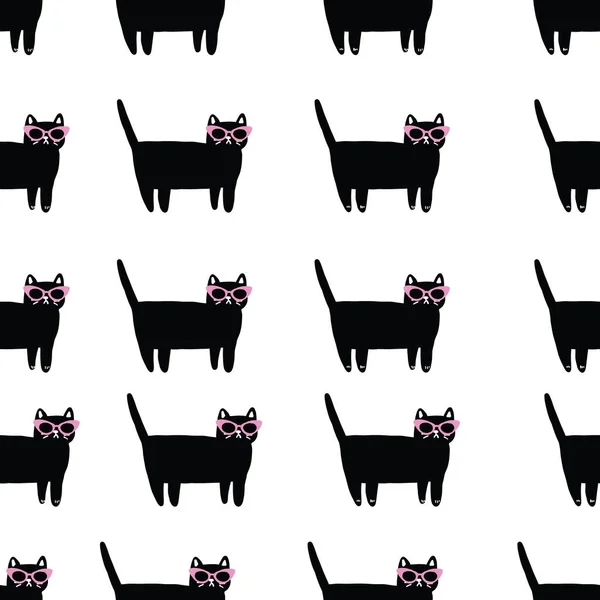 Seamless pattern with cute black Kittens with 50s cat eye sunglasses. Creative childish white texture. Great for fabric, textile Vector Illustration — Stock Vector