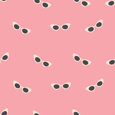 50 'lerin güneş gözlükleri. Pembe arka planda pembe kedi gözü güneş gözlüğünün mükemmel, pürüzsüz, tekrarlayan deseni..
