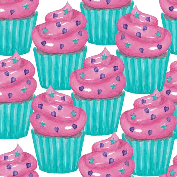 Modello senza soluzione di continuità di acquerello menta cupcake con crema rosa, disegnato a mano deliziosa illustrazione alimentare, isolato su sfondo bianco. Per carta da parati, carta o tessuto, design tessile e altro. Disegnato a mano — Foto Stock