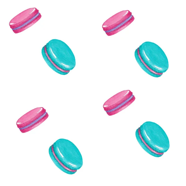 Modello senza soluzione di continuità di acquerello rosa e menta macarons. Macarons mix clip art, illustrazione dessert, isolato su sfondo bianco. Elementi di biscotti alle mandorle colorati, dolce e bellissimo dessert — Foto Stock