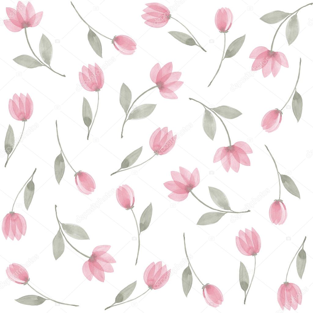 Seamless pattern watercolor decorative floral branch. Botanic abstact illustration. Branch of pink flower with green leaves. Composition for wedding or greeting card, invitations design. Hand painted