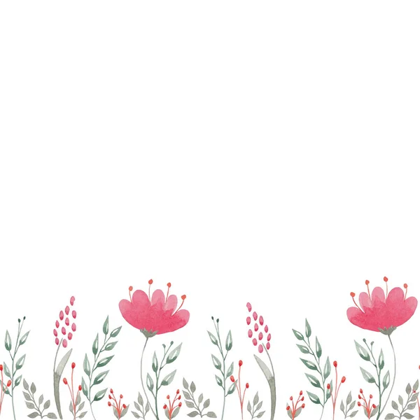 Modello floreale orizzontale senza cuciture. Acquerello fiori rosa e rami d'arancio, foglie verdi su sfondo bianco. Per carta da parati, carta o tessuto, design tessile e altro. Disegnato a mano — Foto Stock