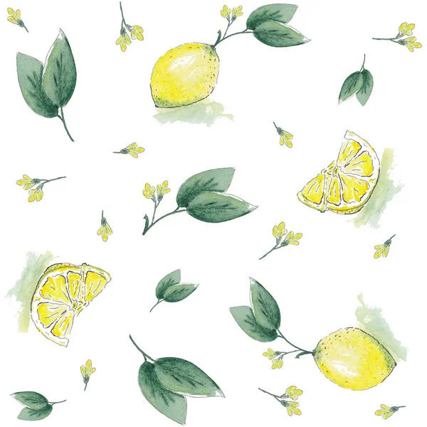 水の色のシームレスなパターン、新鮮な柑橘類の黄色の果実レモン、緑の葉や花の枝。白地に隔離された手描き。デザイン、プリント、テキスタイルなどのために. — ストック写真