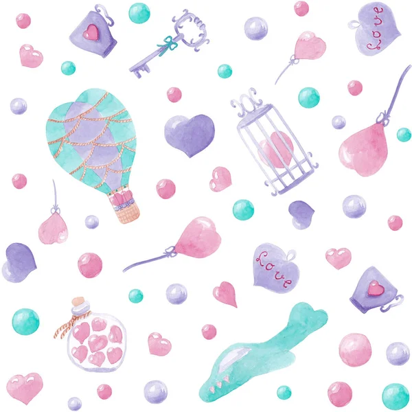 Watercolor cute seamless pattern. Hand drawing turquoise, pink and lilac illustration on a white background. For a childrens room, shower party. Perfect for prints, postcards, greeting cards, fabric. — Stock Photo, Image