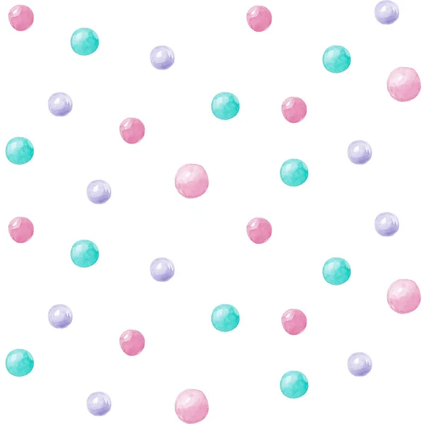 Watercolor cute seamless pattern. Turquoise, pink and lilac pearl on a white background. Baby illustration texture. Hand drawing abstract baby wallpaper. For a design textil, childrens room, party. — Stock Photo, Image
