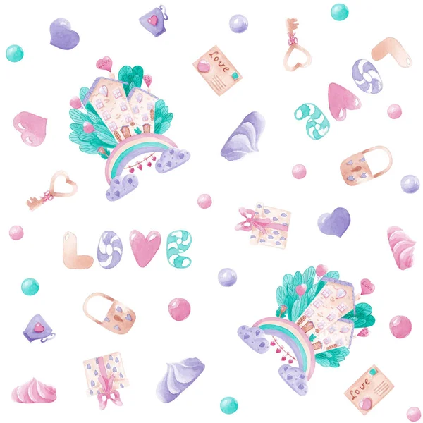 Watercolor cute seamless pattern. Hand drawing. Turquoise, pink and lilac illustration on a white background. For your design childrens room, shower party, prints, postcards, greeting cards, fabric. — Stock Photo, Image