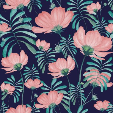 Koyu mavi arka planda yaprakları olan suluboya mercan çiçeklerinin kusursuz deseni. El çizimi. Tasarım, baskı, kumaş, davetiyeler, duvar sanatı, ambalaj kağıdı, tekstil ve diğer şeyler için çiçek çizimi.