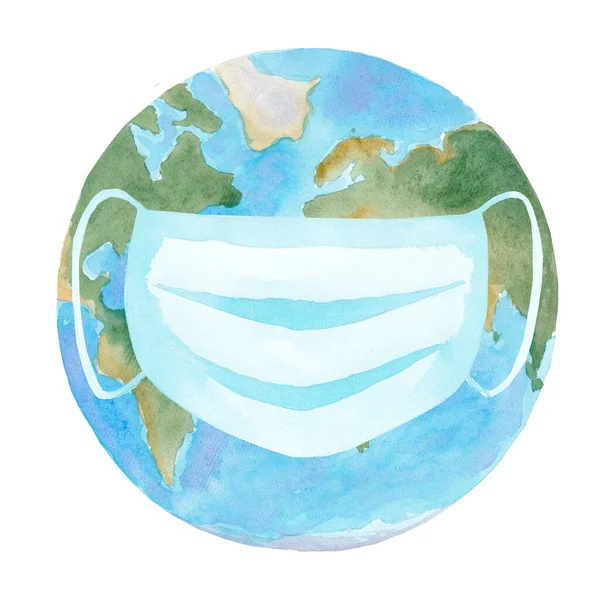Aquarel met de hand geschilderde planeet aarde in medisch masker, geïsoleerd op witte achtergrond. Symbool van leven, Coronavirus, vervuiling, virus, griep. Gezondheidszorg en chirurgische concept. Handgetrokken. — Stockfoto