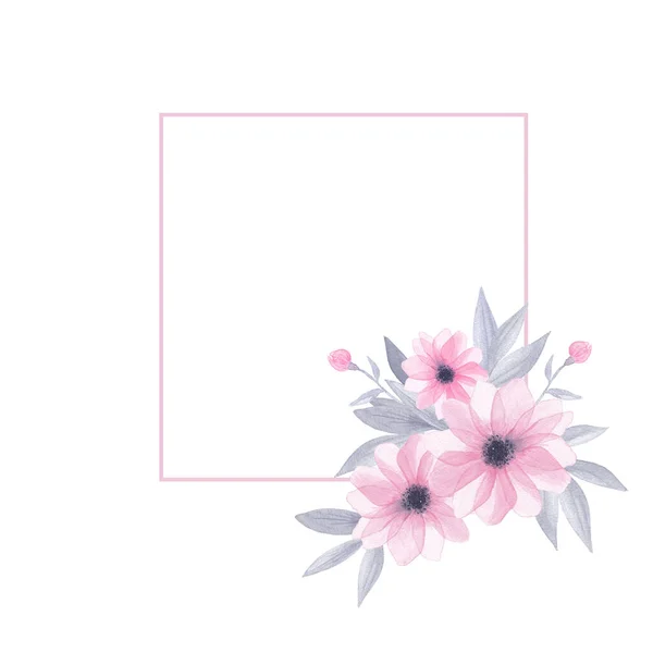 Υδατογραφία πλαίσιο από ροζ λουλούδια με ασημένια φύλλα, αφηρημένο λουλούδι για spa, χαλαρώστε, διακοπές. Εύκολο για γάμο ή ευχετήρια κάρτα, προσκλητήρια σχεδιασμό, εκτύπωση, κάρτες, τέχνη τοίχου και άλλα. Χειροποίητο. — Φωτογραφία Αρχείου