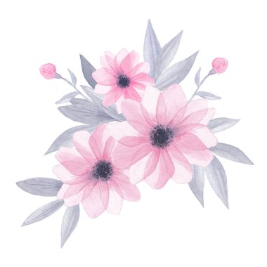 Pembe çiçekli suluboya buket ve gümüş yapraklı. Narin çiçekler açarlar. Spa, rahatlama ve tatil için mükemmel bir düzenleme. Davetiyeler, kartlar, duvar resimleri ve diğer şeyler üzerine baskı tasarımı. El boyası..