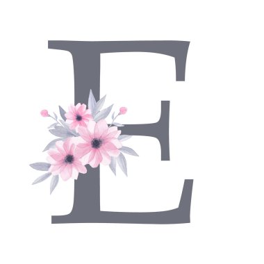 İngiliz alfabesi. E harfi, suluboya çiçek desenli. Pembe çiçekler, gri yapraklar. Beyaz arka planda izole edilmiş. El resmi çizimi. Tasarım, tebrik kartları ve diğer yazı tipleri. 