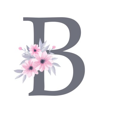 İngiliz alfabesi. Suluboya çiçek desenli B harfi. Pembe çiçekler, gri yapraklar. Beyaz arka planda izole edilmiş. El resmi çizimi. Tasarım, tebrik kartları ve diğer yazı tipleri. 