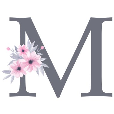 İngiliz alfabesi. Suluboya çiçek desenli M harfi. Pembe çiçekler, gri yapraklar. Beyaz arka planda izole edilmiş. El resmi çizimi. Tasarım, tebrik kartları ve diğer yazı tipleri. 