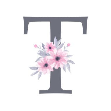 İngiliz alfabesi. Suluboya çiçek desenli T harfi. Pembe çiçekler, gri yapraklar. Beyaz arka planda izole edilmiş. El resmi çizimi. Tasarım, tebrik kartları ve diğer yazı tipleri. 