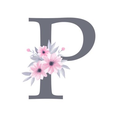 İngiliz alfabesi. Suluboya çiçek desenli P harfi. Pembe çiçekler, gri yapraklar. Beyaz arka planda izole edilmiş. El resmi çizimi. Tasarım, tebrik kartları ve diğer yazı tipleri. 