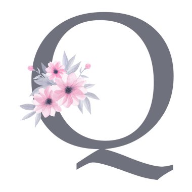 İngiliz alfabesi. Suluboya çiçek desenli Q harfi. Pembe çiçekler, gri yapraklar. Beyaz arka planda izole edilmiş. El resmi çizimi. Tasarım, tebrik kartları ve diğer yazı tipleri. 